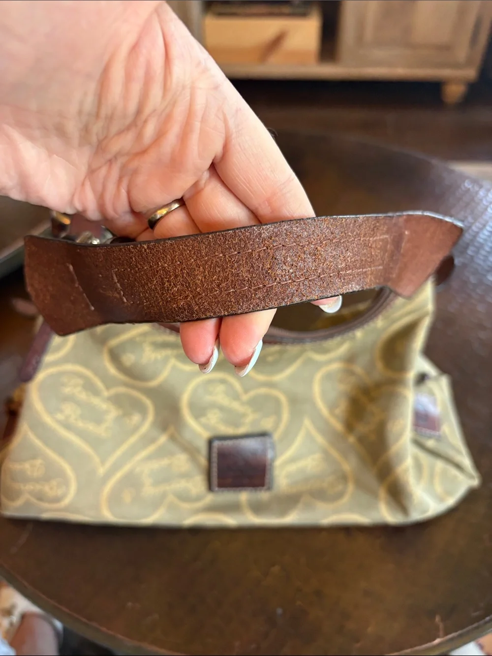 Vintage Dooney & Bourke Heart Monogram Leather Hobo Bag Beige Brown